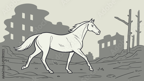 White horse walking in a desolate war-torn landscape with destroyed buildings.