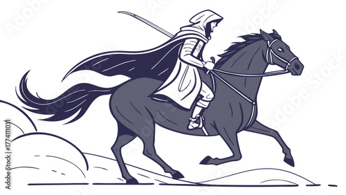 Knight on horseback riding through landscape.