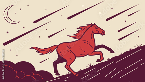 Red horse running on hill under starry night sky with crescent moon.