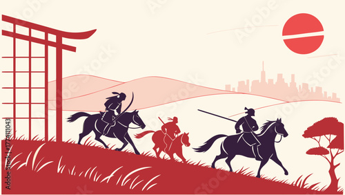 Samurai warriors riding horses in a traditional Japanese landscape.