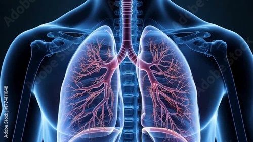 3D animation showing the human lungs breathing and air exchange process.