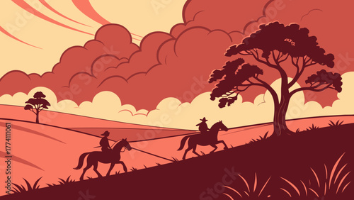Two horsemen riding through a serene landscape at sunset.