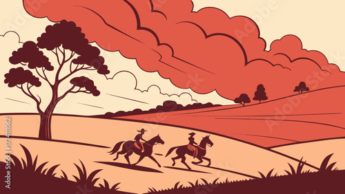 Two horseback riders racing through a serene landscape with trees and rolling hills.
