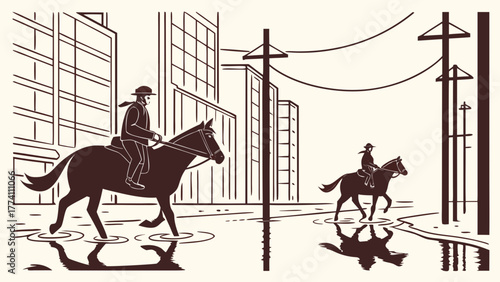 Two cowboys riding horses through a flooded urban city street.
