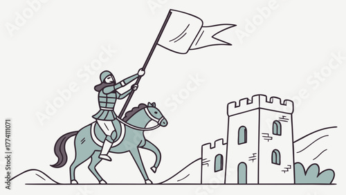 Medieval Knight on Horseback Approaching Castle.
