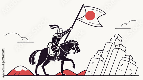 Samurai Riding Horse with Japanese Flag.