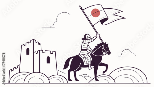 Medieval Knight on Horseback with Japanese Flag Near Castle.