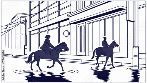 Two horseback riders walking on a city street with buildings.