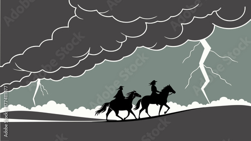 Two horseback riders escaping a thunderstorm on a dark landscape.