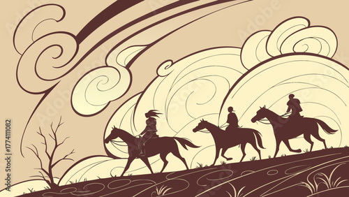 Three horseback riders on a hill with swirling clouds.
