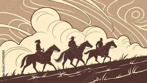 Three horseback riders journeying through a serene landscape.