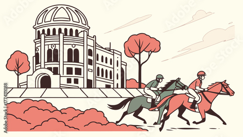 Vintage style illustration of horse racing in front of a grand building.