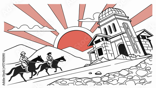 Two horsemen riding towards a historic building at sunset.