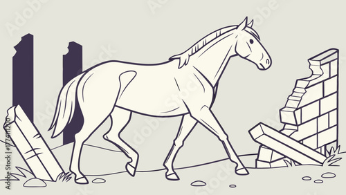 Resilient horse walking through ancient ruins - Line art illustration of survival and nature reclaiming