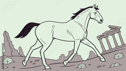 Galloping Horse Amidst Ancient Ruins Illustration