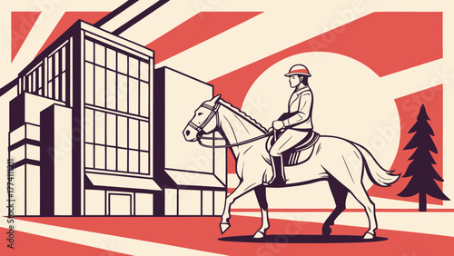 Equestrian rider on horse in modern cityscape with stylized sunburst. Urban lifestyle flat vector illustration.