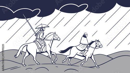 Two riders on horseback brave a rainy journey under stormy skies. Historical or fantasy travel illustration.