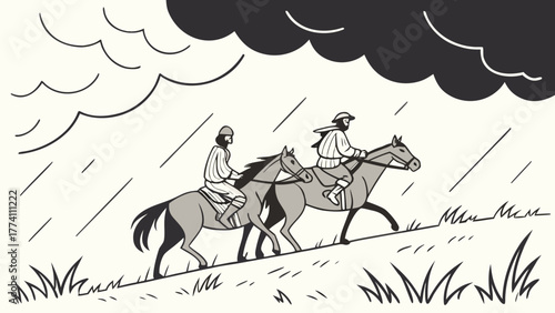 Illustration: Horseback riders ascend hill during a rainstorm