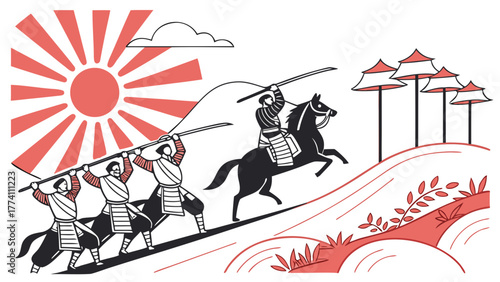 Historical Japanese Warriors with Rising Sun Flag Leading an Ascent Illustration