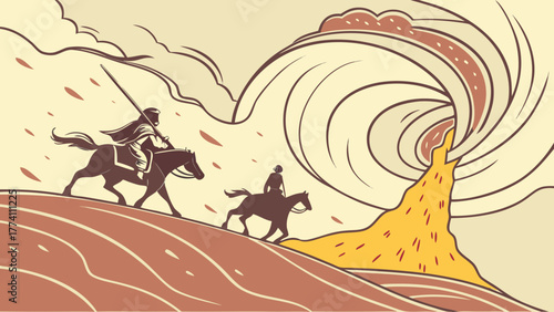 Two horsemen riding away from a volcanic eruption.