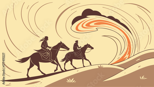 Horseback Riders Journeying Through Stylized Desert Landscape with Dynamic Swirling Sky Illustration