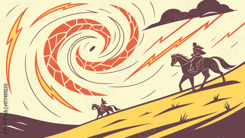 Horseback riders ascend hill towards geometric vortex with lightning in stormy sky illustration
