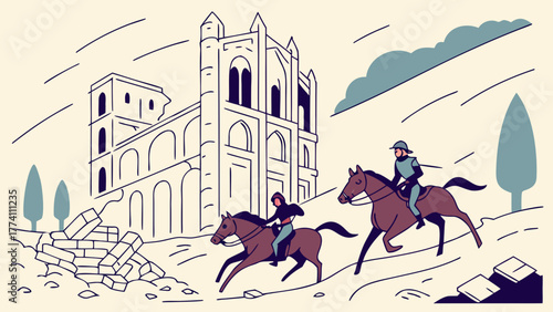 Equestrian journey past ancient architectural ruins. Historical adventure illustration with two horse riders.