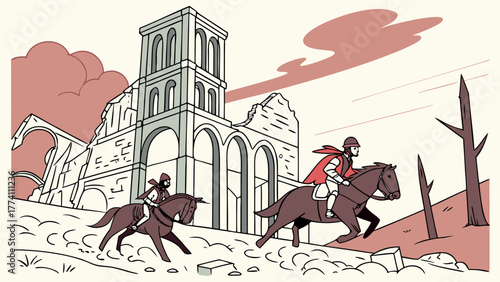 Medieval knights riding horses past ruined church.