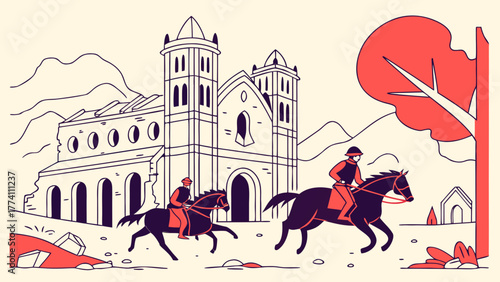 Horseback Riders Journey Past Ancient Church Ruins in Mountain Landscape Illustration
