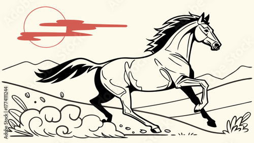 Dynamic galloping horse illustration with retro style sun and desert landscape