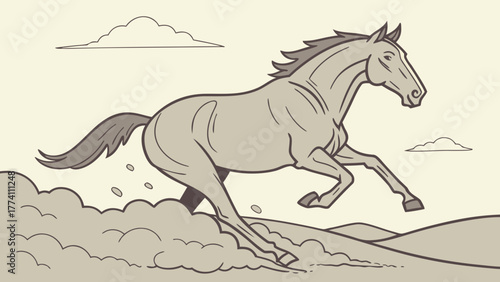 Energetic galloping horse illustration kicking up dust. Dynamic animal in motion, monochromatic vector art.