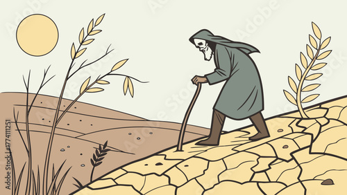 Stoic figure on cracked, parched earth under a muted sun, symbolizing drought, aging, and environmental hardship.
