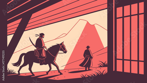 Traditional East Asian travelers on horseback and foot in a stylized mountain landscape, framed by architecture.