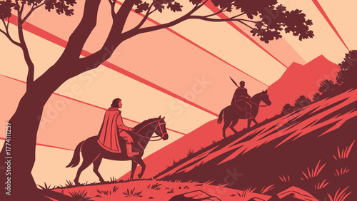 Adventure Journey: Two Horsemen Riding Uphill in a Stylized Sunset Landscape