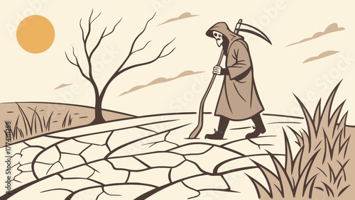 Grim Reaper on cracked earth, symbolizing drought, environmental crisis, and desolation