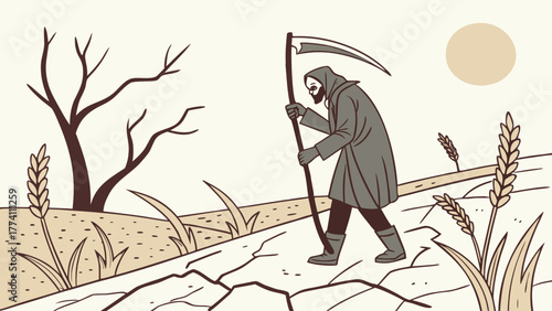 Death figure with scythe in dry, cracked land; symbolic of drought, famine, and environmental crisis.