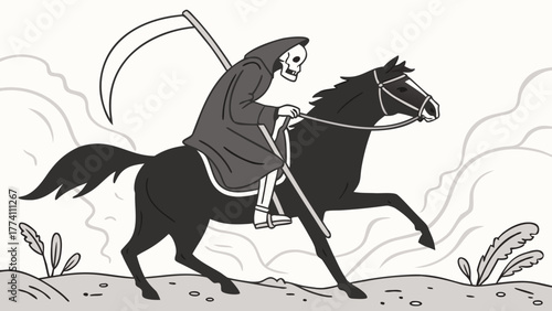 Grim Reaper riding a dark horse with scythe. Black and white illustration of death, fate, and mortality.