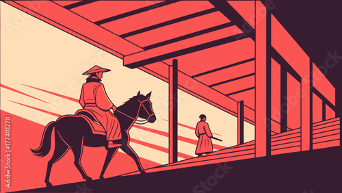 Asian rider on horseback in traditional red-hued architectural passage, minimalist graphic illustration