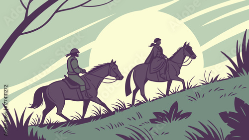 Horseback riders ascending a grassy hill with a large sun in the background, vintage flat illustration