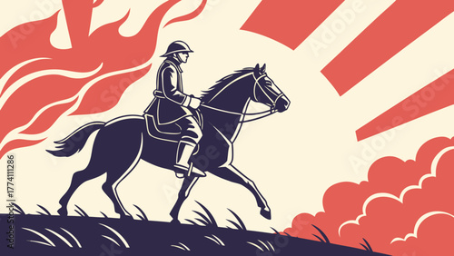 Historic soldier on horseback, vintage poster art with war theme, fiery background, sunburst, military struggle