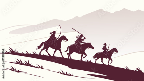 Ancient Horsemen Silhouettes Riding Across Vast Mountainous Landscape