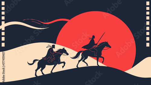 Silhouetted Horsemen Riding Through Desert Dunes at Sunset with Film Strip Frame. Epic Journey Illustration.
