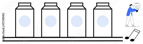 Milk cartons aligned on a conveyor belt, person holding bright bulb, and musical notes. Ideal for innovation, production, creativity, sustainability, music, problem-solving industrial process