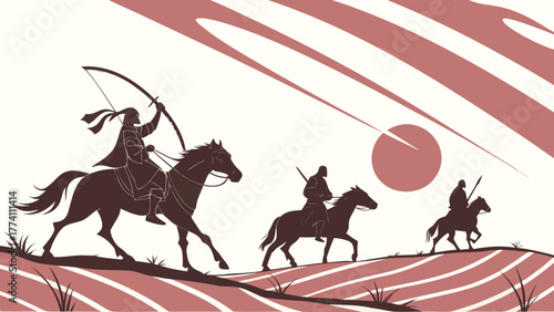 Silhouetted Horseback Warriors with Archer in Stylized Landscape