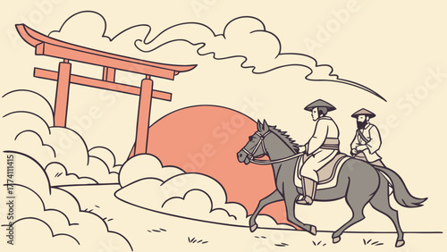 East Asian Horsemen Journey Past Torii Gate at Sunset, Traditional Travel Illustration