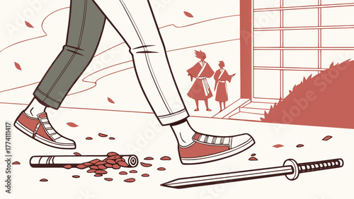 Modern individual walks away from traditional Japanese scene, leaving a katana behind, observed by ancient figures.