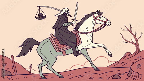 Skeletal Rider of Justice on Horseback with Sword and Scales in Barren Landscape Illustration