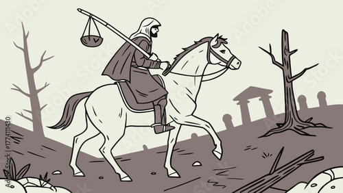 Lone Rider on Horseback in Desolate Landscape with Dead Trees and Ancient Ruins