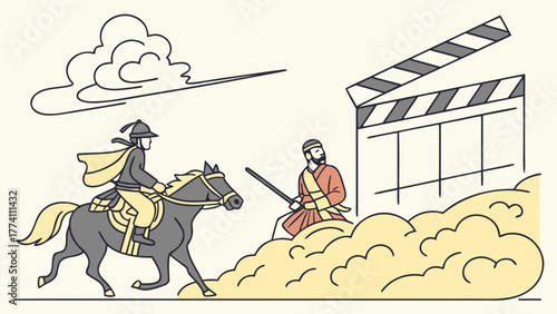 Film production scene with historical warriors and clapperboard, illustrating movie making and storytelling concept