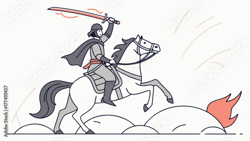 Valiant warrior on rearing horse with raised sword, charging into battle. Minimalist illustration.